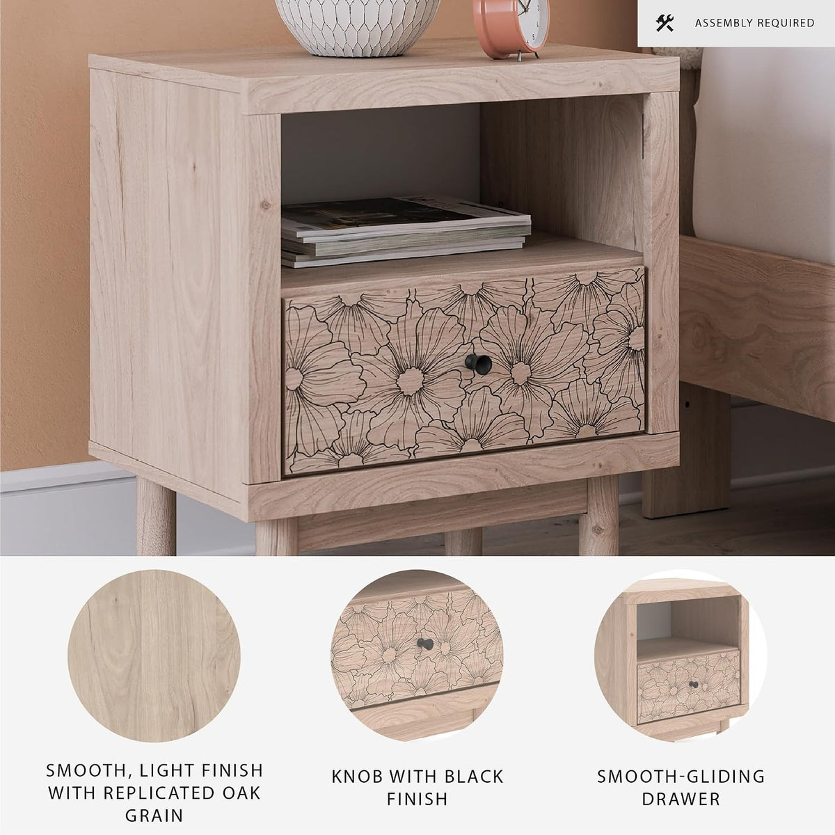 Signature Design by Ashley Birkmore Nightstand Bedside Charging Station with USB Port, Engineered Wood and Decorative Laminate, Youth Bedroom Bedside Table, Tan