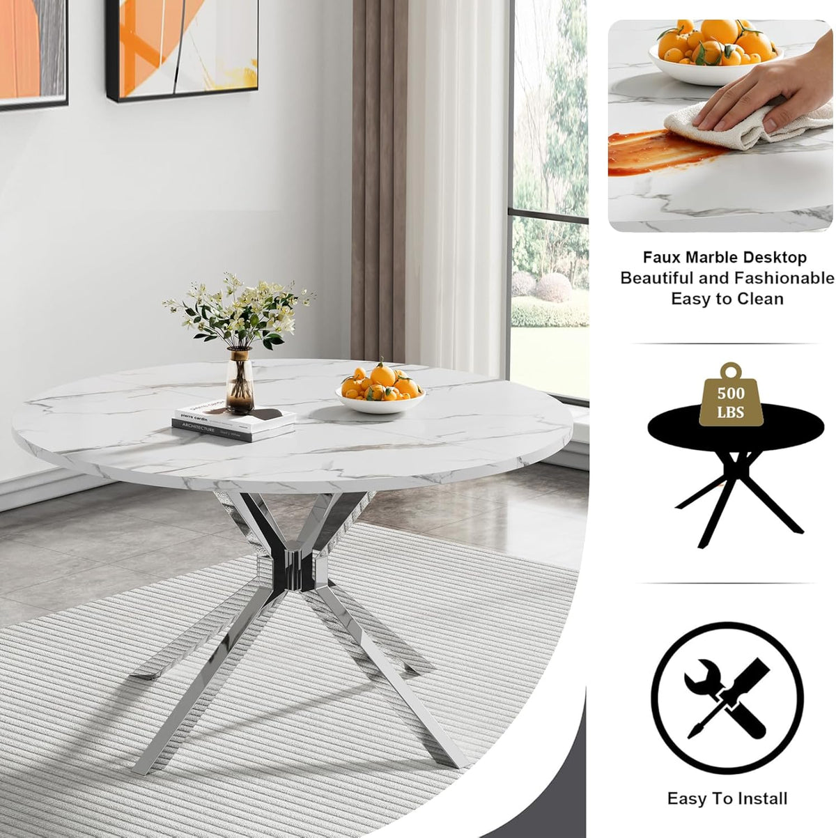 Round Faux Marble Dining Table for 4-6 Modern 47.2" Kitchen Table with Silver Stainless Steel Cross Legs Circle Dinner Table for Dining Room Living Room Apartment