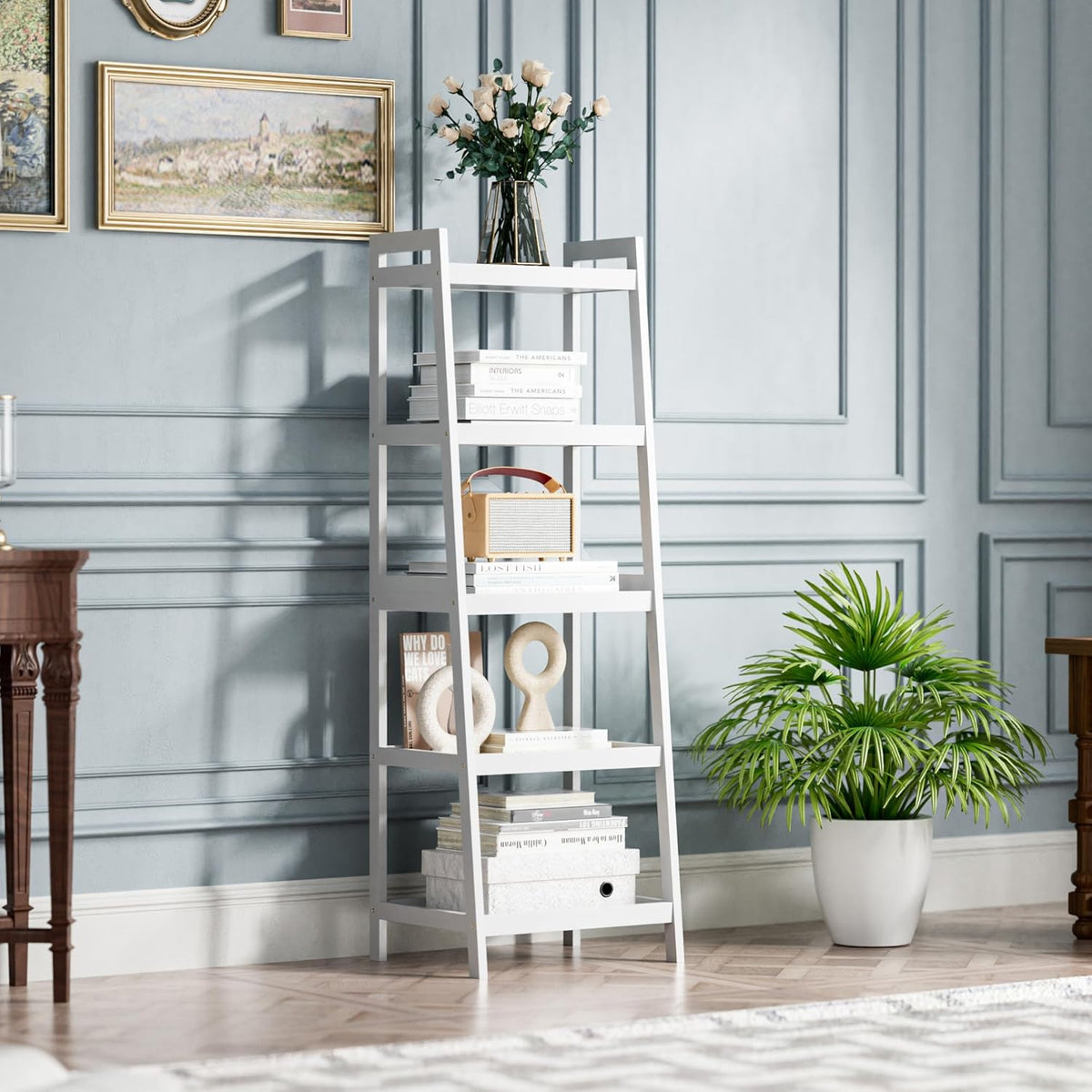 Bamboo Ladder Bookcase 5-Tier Freestanding Shelf, Bathroom Storage Rack & Plant Display Stand, Space Saver Organizer for Bedroom Kitchen Balcony, White, 50" H