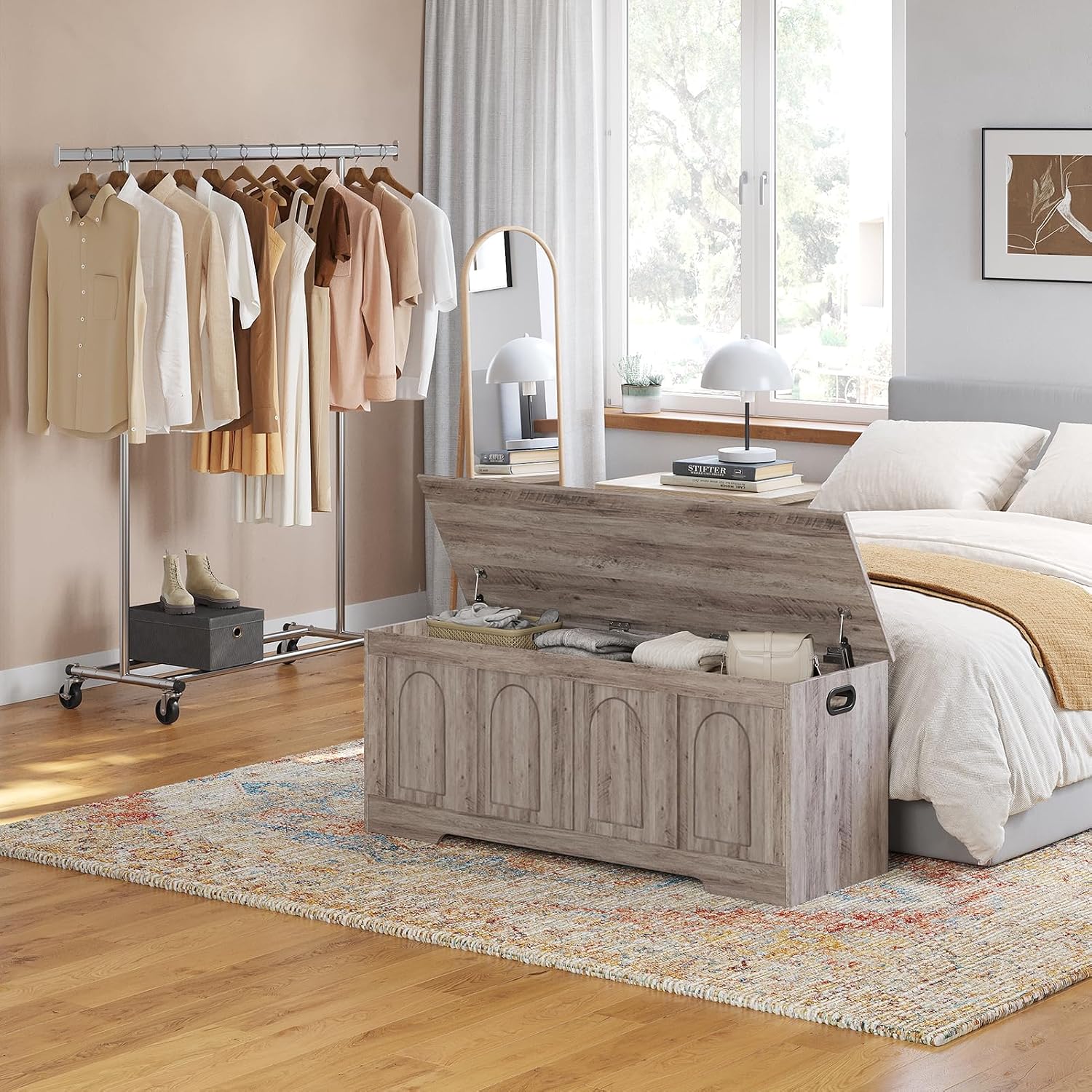 DINZI LVJ Storage Chest, Wooden Toy Box, Greige 50.0" L | Extra Large Storage Bench, 2 Soft-close Hinges, Finger-safe Flip-Top Lid, Easy Assembly, Farmhouse Trunk, Living Room/Bedroom