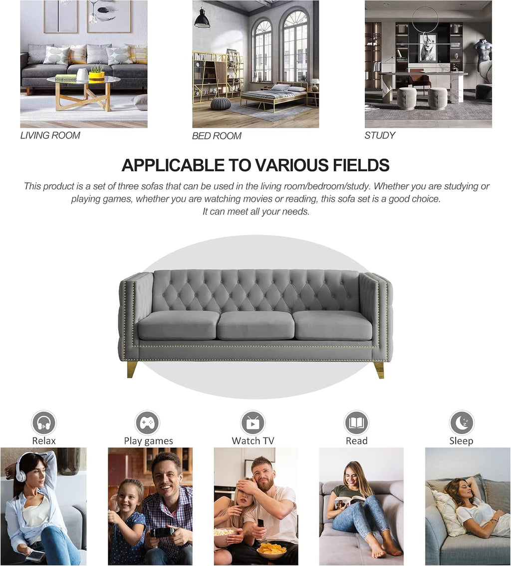 mikibama 80.5" Velvet 3 Seater Sofa Couch for Living Room,Button Tufted 3-Seat Couches with Nailhead Trims,Modern Upholstered Sofas with Golden Metal Legs for Bedrooom,Office
