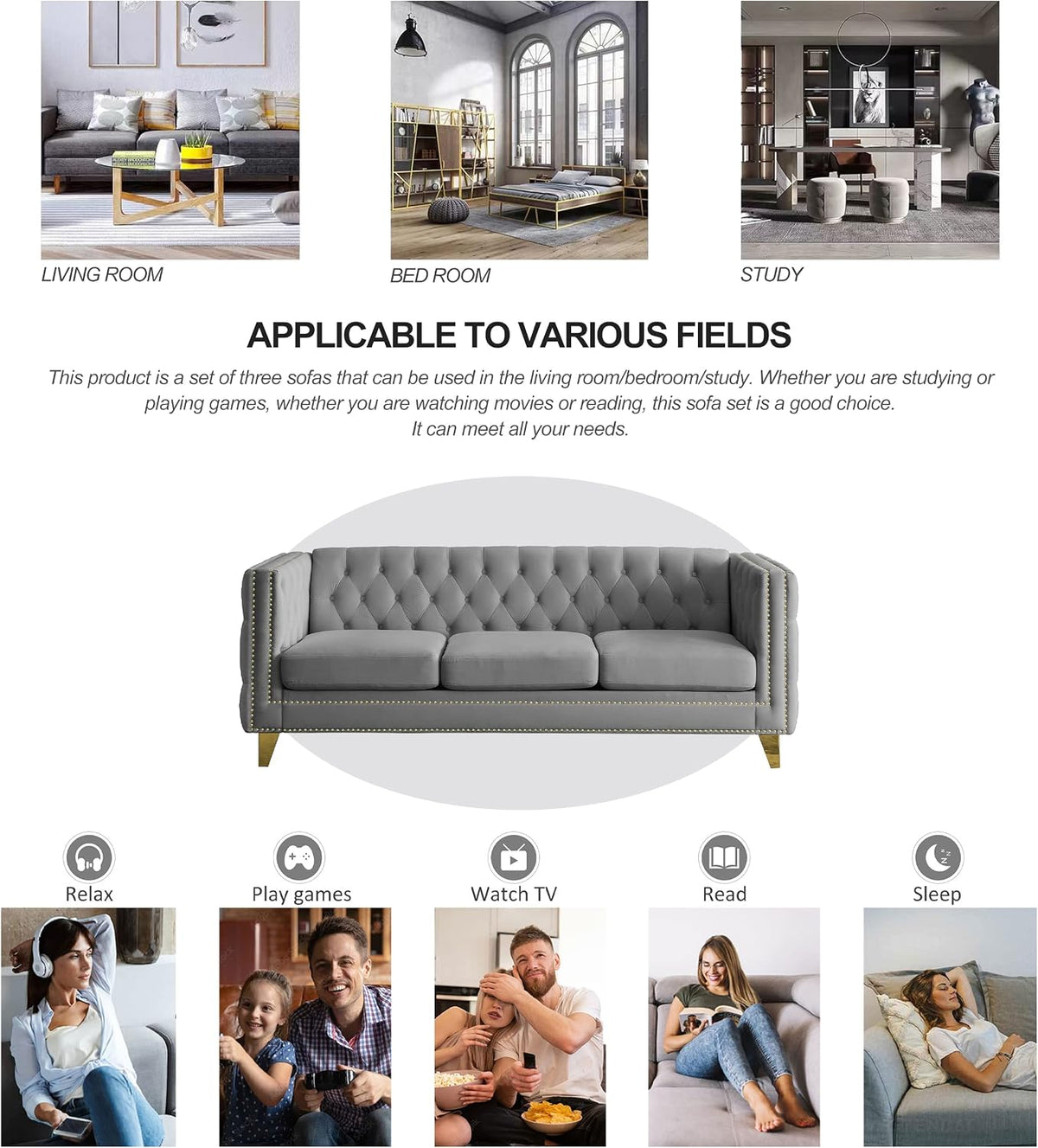 mikibama 80.5" Velvet 3 Seater Sofa Couch for Living Room,Button Tufted 3-Seat Couches with Nailhead Trims,Modern Upholstered Sofas with Golden Metal Legs for Bedrooom,Office
