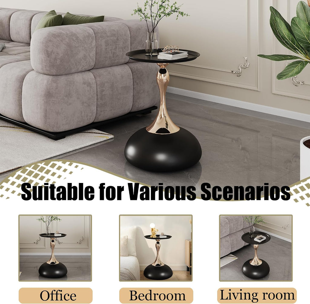 Round Side Table, Small Black End Table with Metal Pedestal, Modern Martini Table for Small Space Living Room, Bedroom, Easy Assembly 15" x 21.6" Drink Table