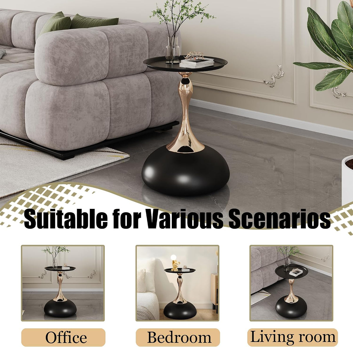 Round Side Table, Small Black End Table with Metal Pedestal, Modern Martini Table for Small Space Living Room, Bedroom, Easy Assembly 15" x 21.6" Drink Table