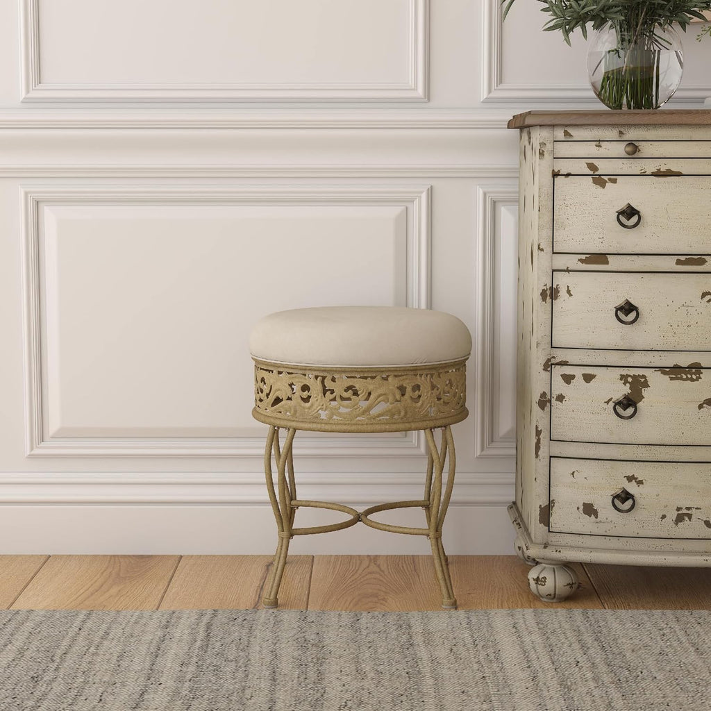 Hillsdale Villa III Backless Metal Vanity Stool with Ornate Lattice Detailing, Antique Beige