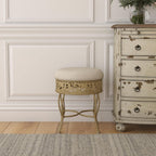 Hillsdale Villa III Backless Metal Vanity Stool with Ornate Lattice Detailing, Antique Beige