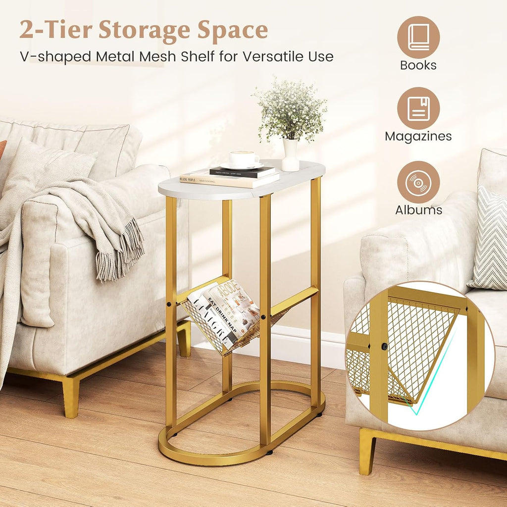 Giantex Oval Narrow Side Table, Small End Table with Magazine Rack Sling Holder Pouch, Modern Slim Nightstand, Bedside Tables for Living Room Bedroom Couch Small Spaces, White & Gold
