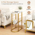 Giantex Oval Narrow Side Table, Small End Table with Magazine Rack Sling Holder Pouch, Modern Slim Nightstand, Bedside Tables for Living Room Bedroom Couch Small Spaces, White & Gold