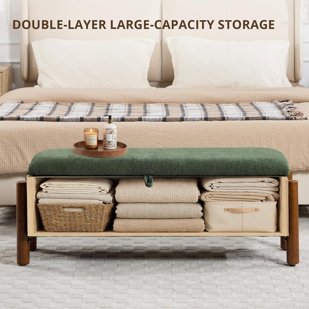 47'' Modern Storage Ottoman Benches with Walnut Wood Legs Ottoman Bench with 22 Gallons Storage Space Fabric Upholstered Seating End of Bed Bench for Bedroom for Livingroom Green