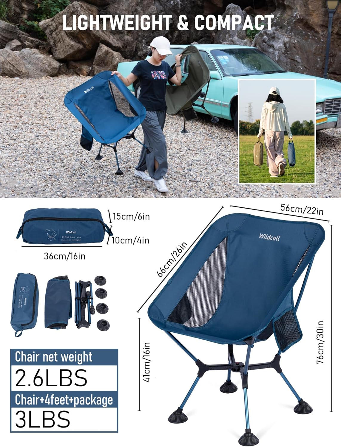 WildCall Lightweight Folding Camping Chair Quick Setup Frame Beach Chair Compact Backpacking Chair with Anti-Sink Feet