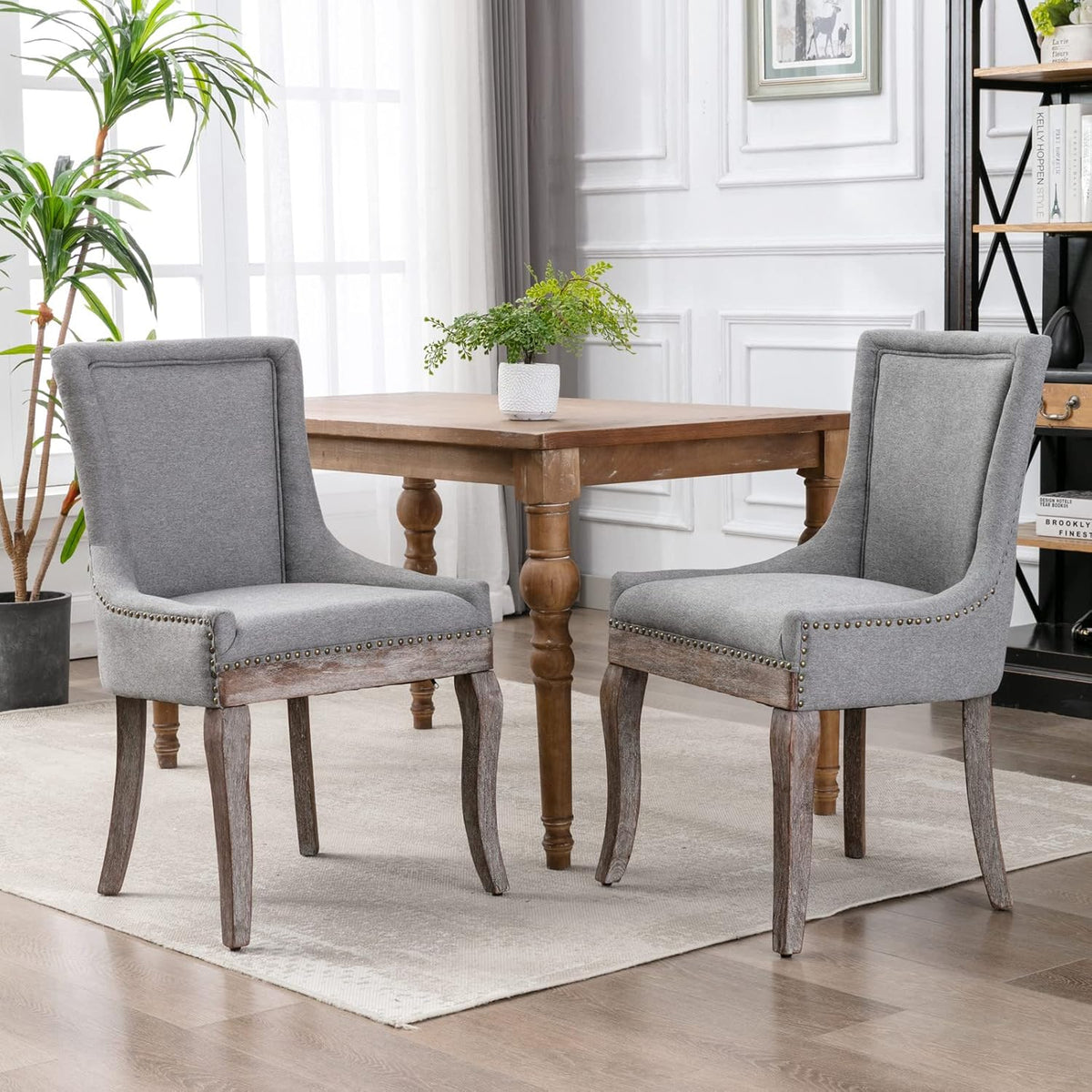 Modern Dining Chairs Set of 2, Fabric Upholstered High Back Chairs with Nailhead Trim and Curved Solid Wood Legs, Sillas de Comedor Accent Chairs for Dining Room, Gray