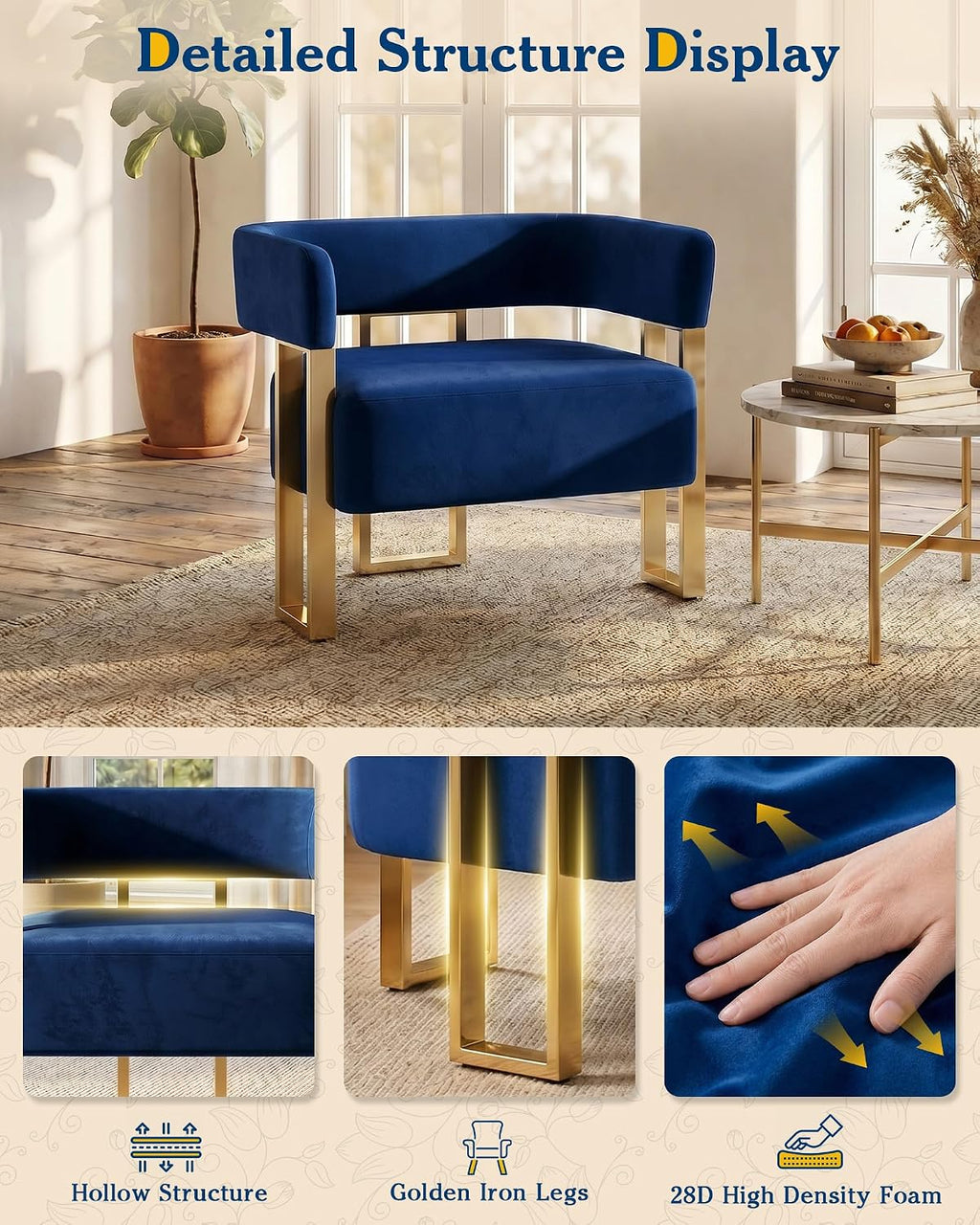 AODAILIHB Blue Modern Accent Chairs Set of 2, Velvet Barrel Chairs with Gold Metal Legs - Upholstered Armchairs for Living Room, Bedroom, Lounge & Waiting Room