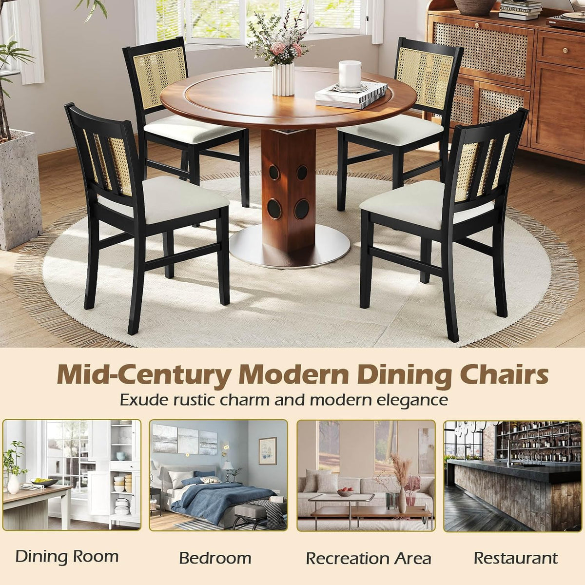 Giantex Rattan Dining Chairs Set of 2, Farmhouse Fabric Upholstered Kitchen Chairs with Rubber Wood Legs, Padded Seat, Cane Back, Country Armless Side Chair for Dining Living Room Restaurant