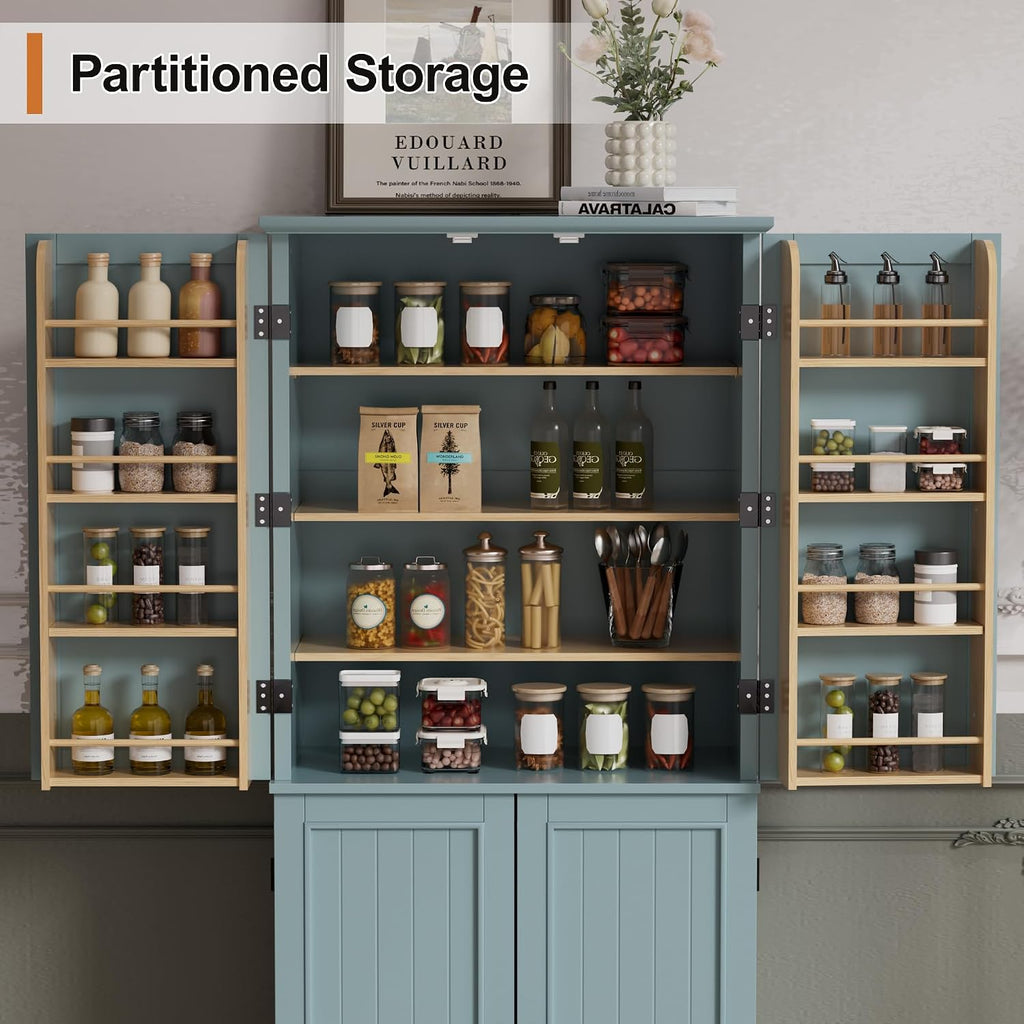 Scurrty Vintage Kitchen Pantry Cabinet with Drawers and Door Shelves, Blue | 69'' Tall Cupboard, Pull Out Trays, Painted, Heavy Duty, Roman Column Leg, Adjustable Shelf, Farmhouse Hutch, Food Organizer