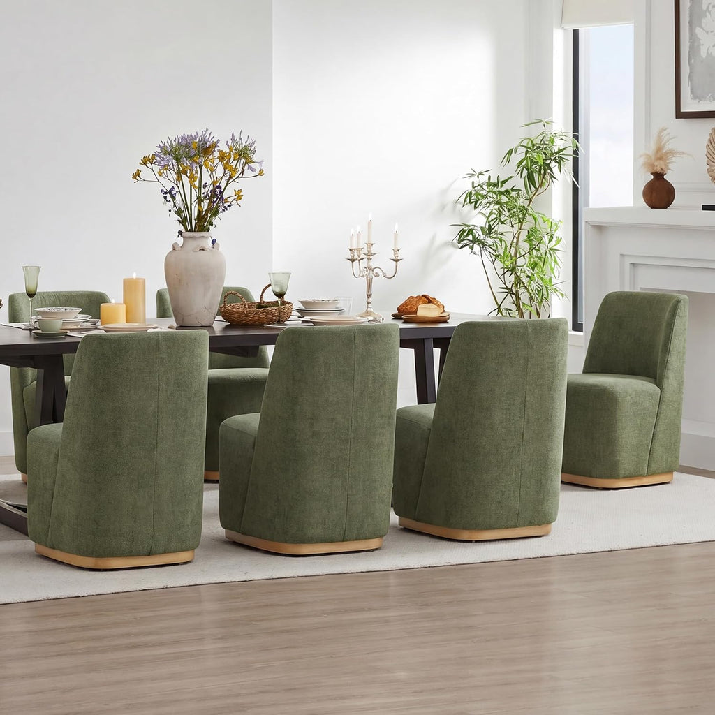 CHITA Upholstered Rolling Dining Chair on Casters Set of 2, FSC Certified Modern Fabric Dining Chair with Casters, Boucle Dining Chairs for Reading Room Kitchen Dining Room, Moss Green
