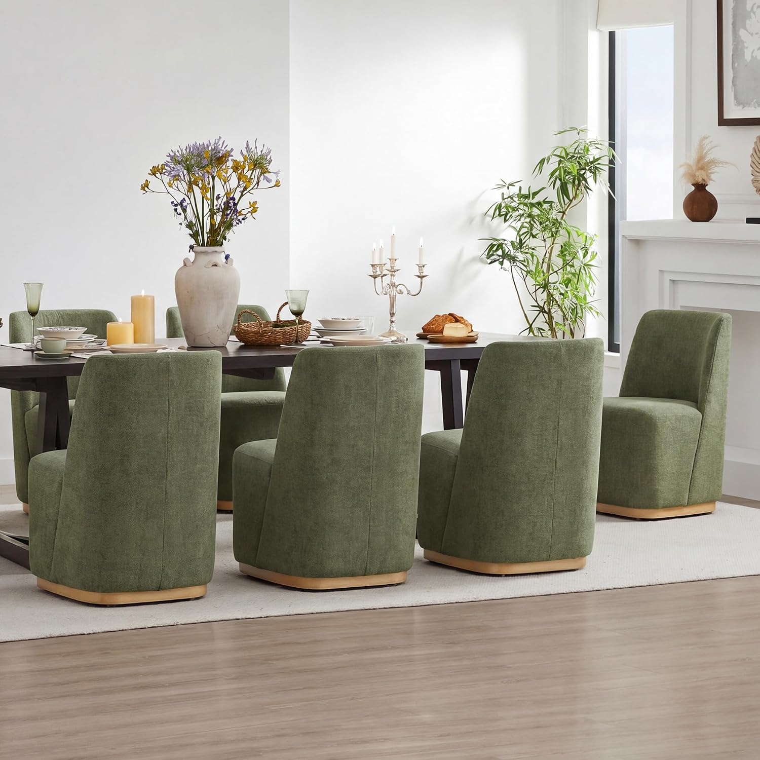 CHITA Upholstered Rolling Dining Chair on Casters Set of 2, FSC Certified Modern Fabric Dining Chair with Casters, Boucle Dining Chairs for Reading Room Kitchen Dining Room, Moss Green