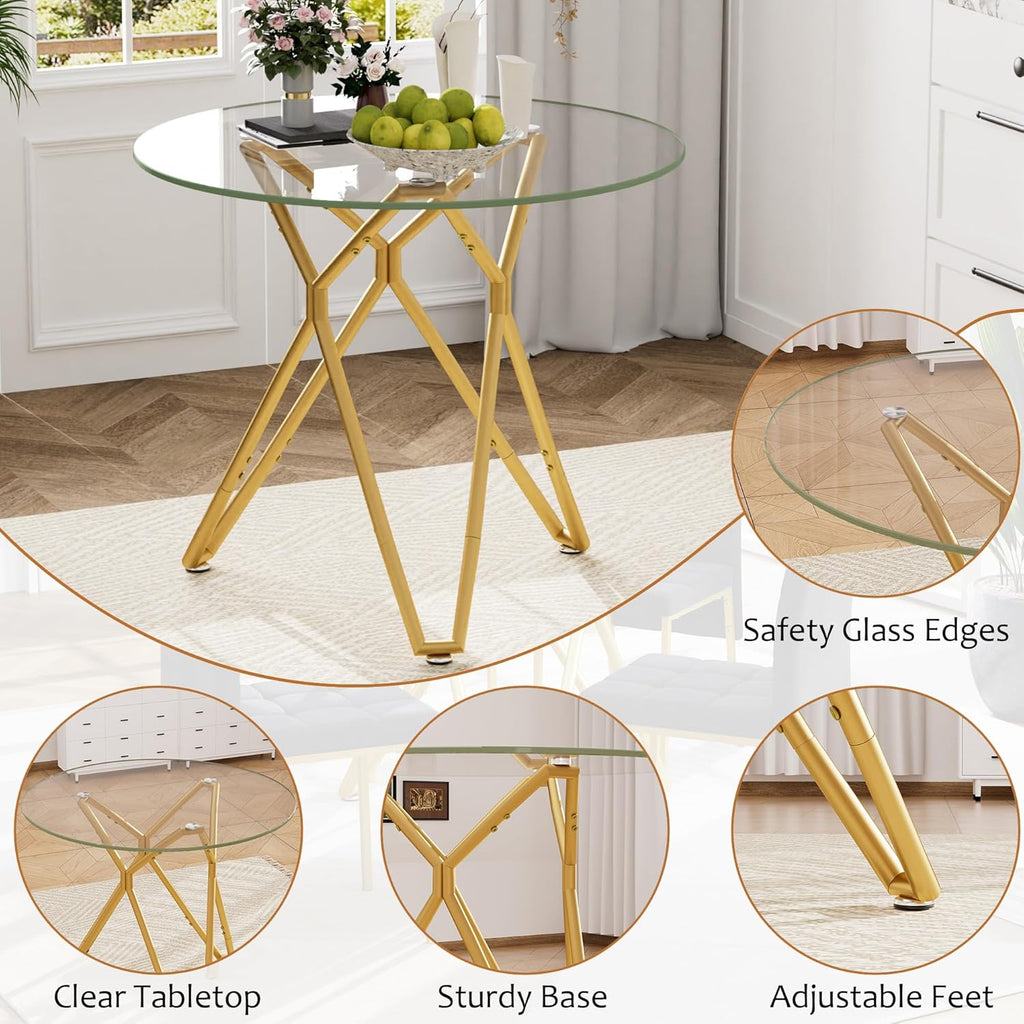 5-Piece Dining Table Set with 4 Black Chairs, 36" Round Dining Table & Chairs Set for 4, Circle Kitchen Table with Gold Metal Frame & Tempered Glass Top, Perfect for Small Space