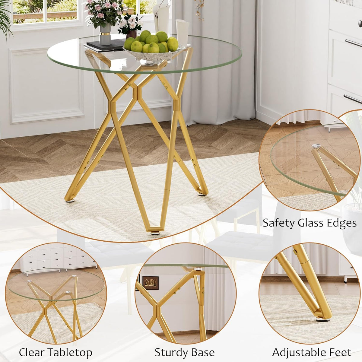 5-Piece Dining Table Set with 4 Black Chairs, 36" Round Dining Table & Chairs Set for 4, Circle Kitchen Table with Gold Metal Frame & Tempered Glass Top, Perfect for Small Space