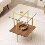 LumFurn Glass End Table, Mid-Century Modern Design Sofa Table, for Living Room, 2-Tier Structure, Clear Glass Top and Walnut MDF Shelf, Sleek Conical Metal Legs with Gold Finish Frame