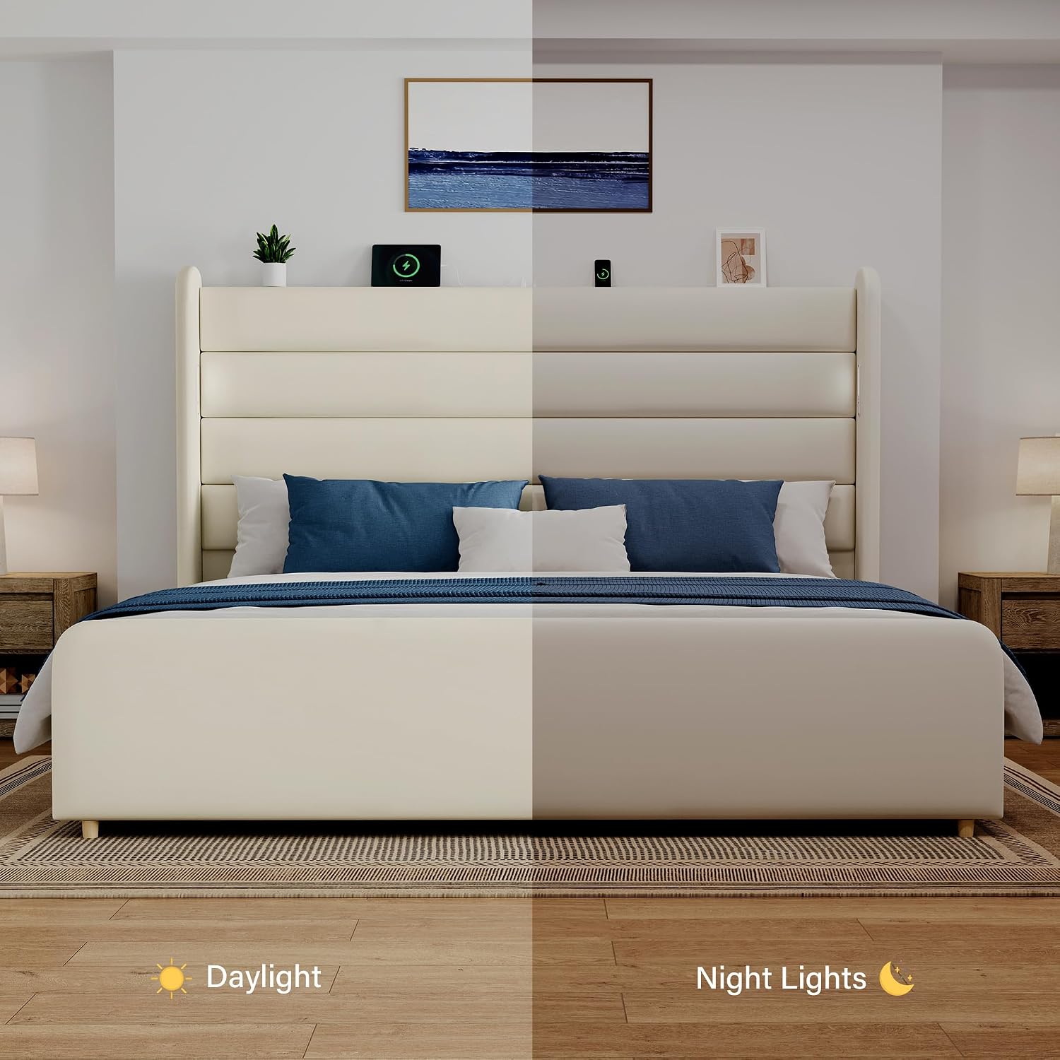 Queen Size Bed Frame with 59'' Tall Headboard with Readlight, White