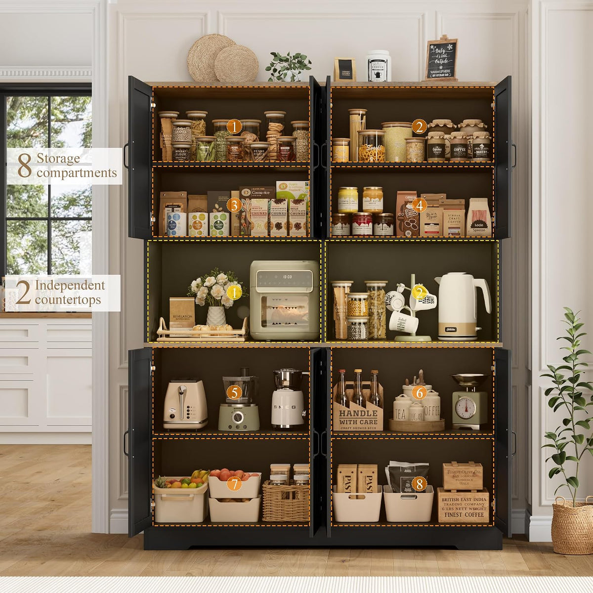 HOSTACK 55" W Pantry Cabinet, 71" Tall Kitchen Hutch Storage Cabinet, Black | Farmhouse Hutch Cabinet with 2 Independant Countertops, 4 Large Storage Cabinets with Shelves / Accent Doors for Dining Room