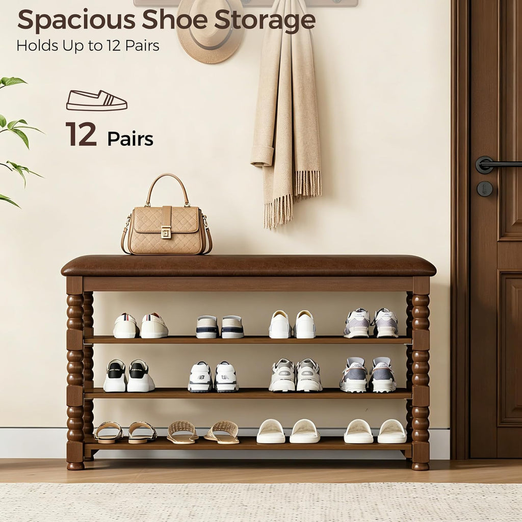 Homleke Solid Wood Shoe Storage Bench with Cushion,Classic Turned Ball Legs | 3-Tier Tall Entryway Bench with Leather Seat, Holds Up to 12 Pairs, for Hallway and Bedroom, Walnut, 39.4 Inch