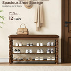 Homleke Solid Wood Shoe Storage Bench with Cushion,Classic Turned Ball Legs | 3-Tier Tall Entryway Bench with Leather Seat, Holds Up to 12 Pairs, for Hallway and Bedroom, Walnut, 39.4 Inch