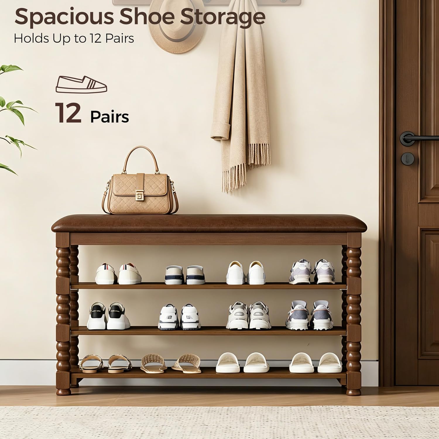 Homleke Solid Wood Shoe Storage Bench with Cushion,Classic Turned Ball Legs | 3-Tier Tall Entryway Bench with Leather Seat, Holds Up to 12 Pairs, for Hallway and Bedroom, Walnut, 39.4 Inch