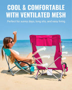 KingCamp Low Beach Chair, High Back Folding Camping Chair for Adults, Oversized Breathable Mesh Seat, 300lbs Heavy Duty Portable Chair with Cup Holder & Storage Pockets for Beach, Outdoor