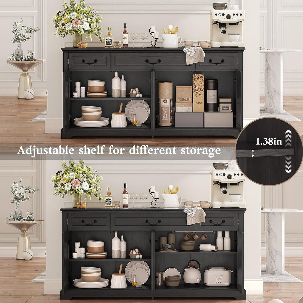 Vipbear 65" Large Sideboard Buffet Cabinet with Storage, Farmhouse Buffet Table Wine Coffee Bar Kitchen Storage Cabinet with 3 Drawers 4 Doors for Living Room, Kitchen, Dining Room, Black Oak