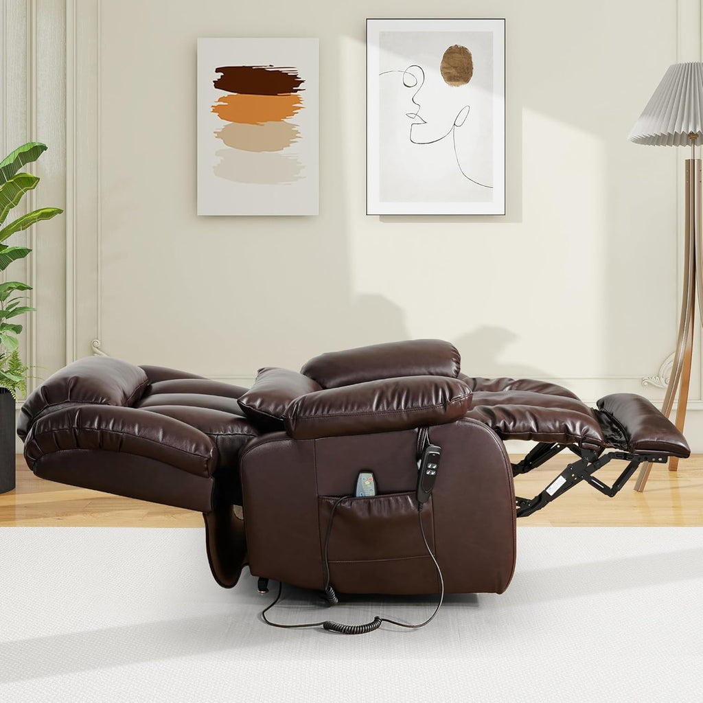 EDILLY XL Large Genuine Leather Lift Chair Recliner for Elderly, Dual Motor with Massage and Heating,with Double Lumbar Cushion and Extended Footrest,USB Port and Remote,Seat Width 26"(Brown)