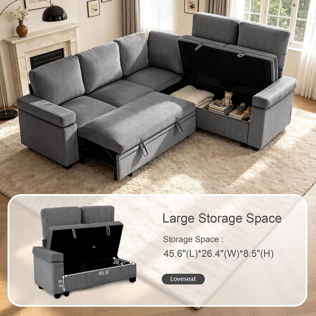 86 Inch L Shaped Sectional Sleeper Sofa with Storage, Sectional Modular Couch with Pull Out Bed, 5 Seats Chenille Cloud Couches for Living Room, Small Sofa Bed for Apartment, Office (Gray, 5-seat)