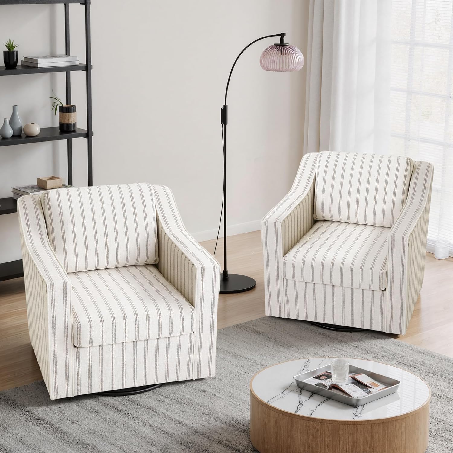 Swivel Accent Chair Set of 2, Fabric Upholstered Arm Chair for Living Room, Modern Club Armchair Comfy Single Sofa Bedroom Reading Seat with Lumbar Pillow - Pinstripe Light Brown