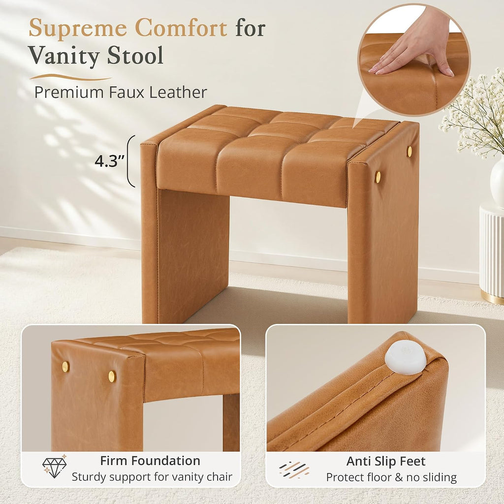 LUE BONA Modern Grid Tufted Vanity Bench Stool, 4.33'' Thick Chenille Upholstered Ottoman Footstool for Makeup Room, Bedroom & Living Room, 200lbs Capacity, Brown