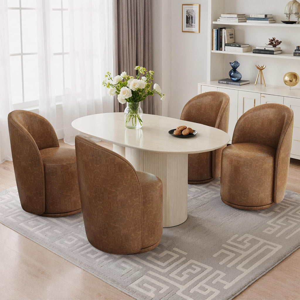 Swivel Barrel Dining Chairs, Faux Leather Upholstered Round Dining Chairs, 360° Swivel Vanity Chair Comfy Armless Accent Makeup Chair for Dining/Living Room Makeup Room, Brown