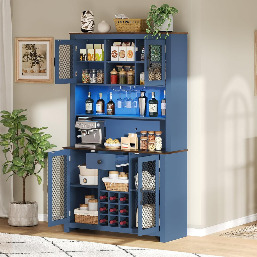 70.9” Farmhouse Kitchen Pantry Cabinet with LED Light & Power Outlets, Rustic Buffet Hutch with Wine Rack Glass Holder Drawer and Adjustable Shelves for Dining Room Coffee Bar Blue