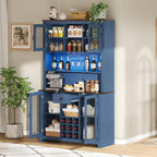 70.9” Farmhouse Kitchen Pantry Cabinet with LED Light & Power Outlets, Rustic Buffet Hutch with Wine Rack Glass Holder Drawer and Adjustable Shelves for Dining Room Coffee Bar Blue
