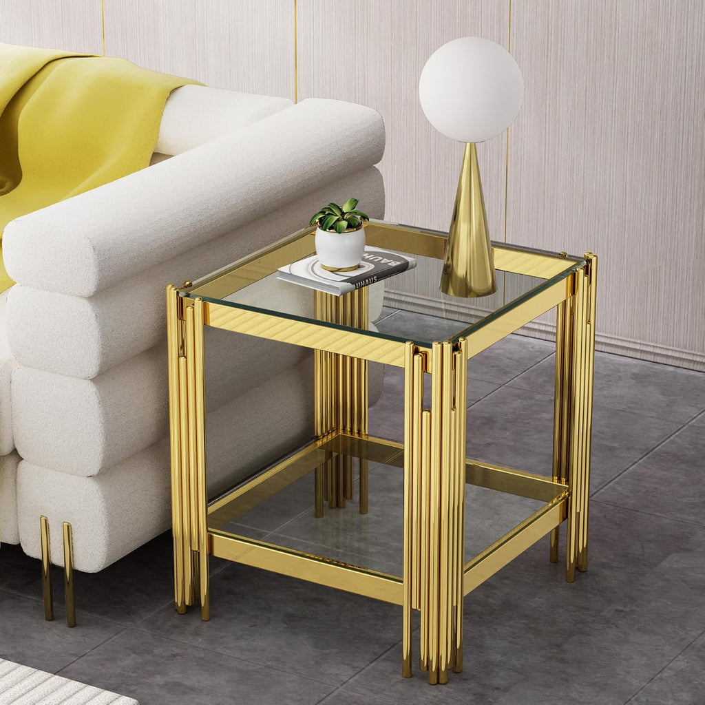 Small Side Table, Square End Table with Tempered Glass & Irregular Gold Stainless Steel Base, 2-Tier Modern Glass End Table with Storage Shelves, Luxury Accent Sofa Table for Living Room, Bedroom