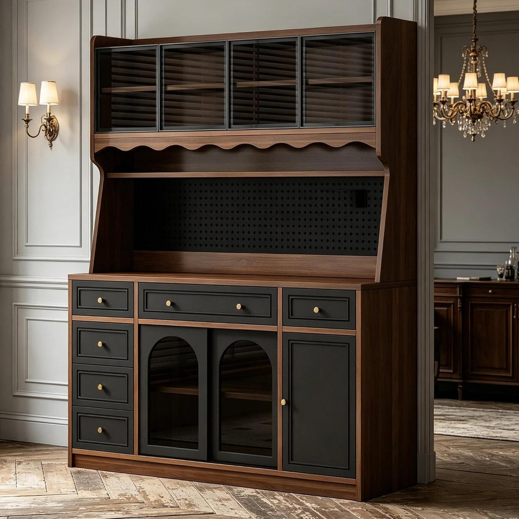 63'' Kitchen Pantry Cabinet with Power Outlet,Large Kitchen Hutch Cabinet with 6 Drawers and Adjustable Shelves,Wood Buffet Cabinets for Dining Room and Living Room(Black and Walnut)