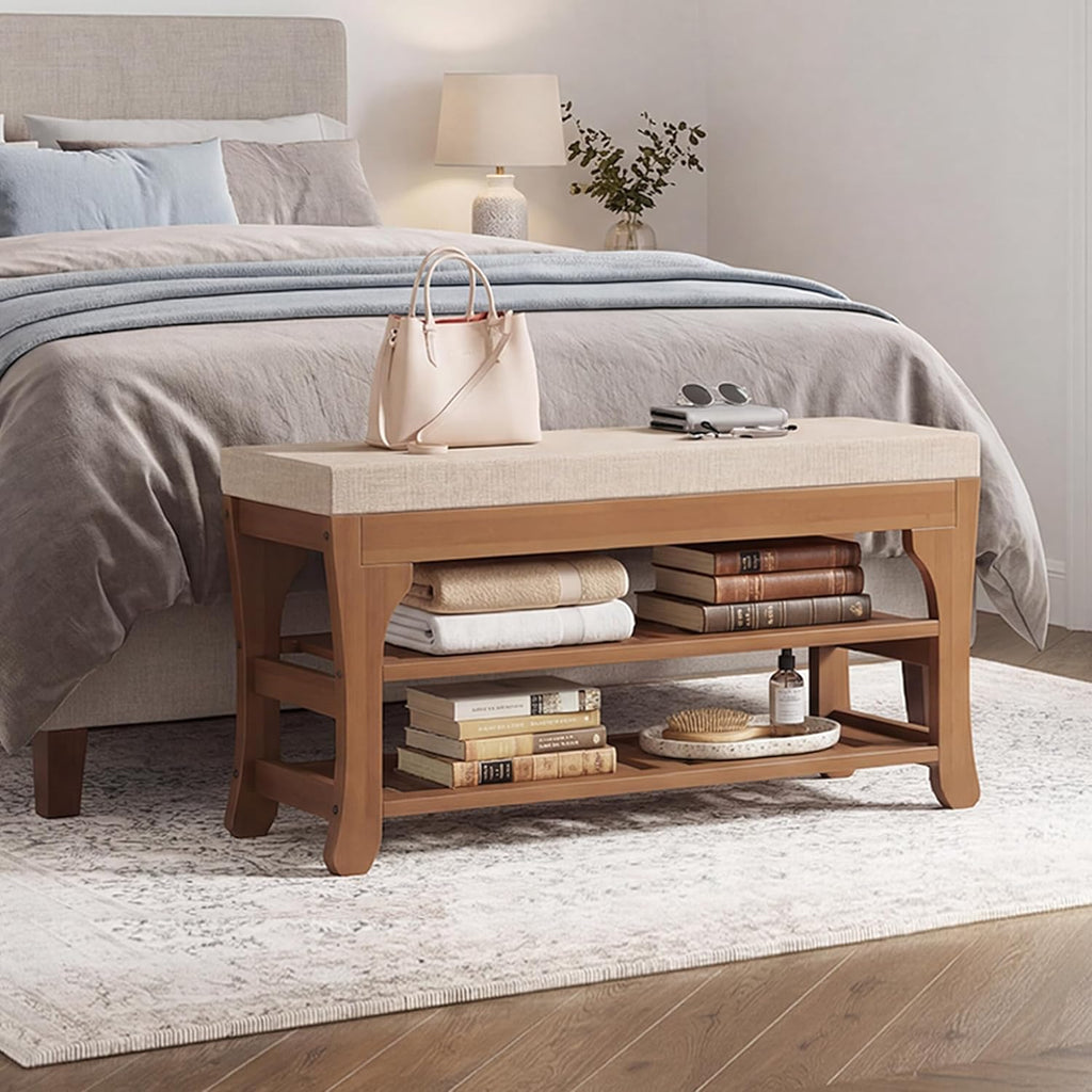 PETKABOO 27.6" Shoe Storage Bench with Cushion, Bamboo Shoe Rack Bench, 2-Tier Entryway Shoe Organizer, Supports up to 350 LB, for Hallway, Bedroom, Closet, Living Room