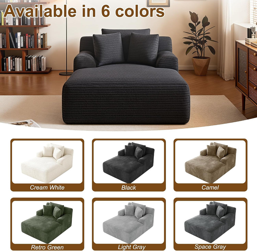 Avenix 66" Oversized Chaise Lounge Chair Indoor, Cloud Corduroy Reading Chair Deep Seat Sofa Couch Bed with 3 Pillows for Living Room, No Assembly Required, Black