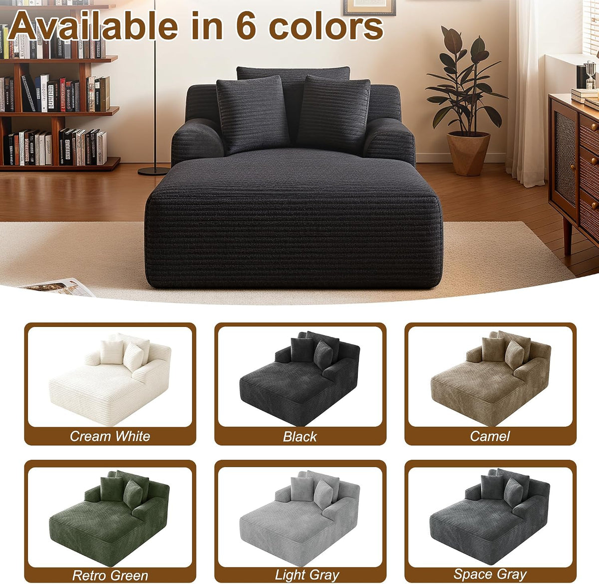 Avenix 66" Oversized Chaise Lounge Chair Indoor, Cloud Corduroy Reading Chair Deep Seat Sofa Couch Bed with 3 Pillows for Living Room, No Assembly Required, Black