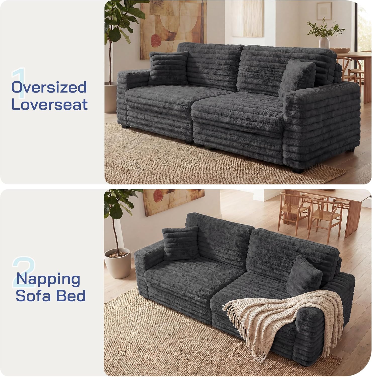 78.7" Corduroy Love Seat Sofa, Cloud Deep Seat Couch with Legs 2 Pillows, Fluff Corduroy Loveseat for Small Space, Living Rooms and Apartment, Dark Grey