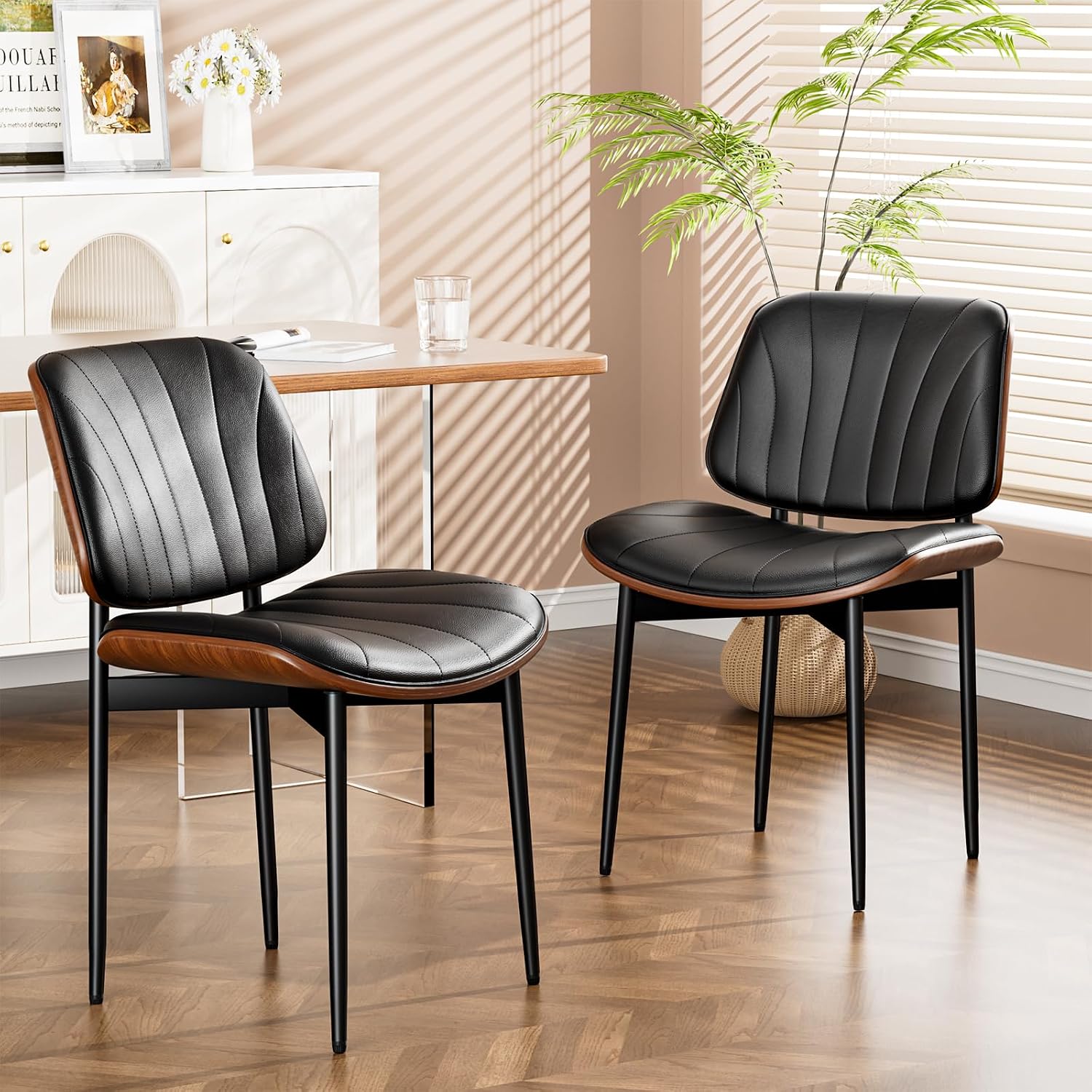 YaFiti Dining Chairs Set of 2, Mid Century Modern PU Leather Kitchen Chairs | Ergonomic Walnut Backrest, Upholstered Waterproof Faux Leather Seat, Stable Metal Legs, Adjustable Footpads, Black Scallop