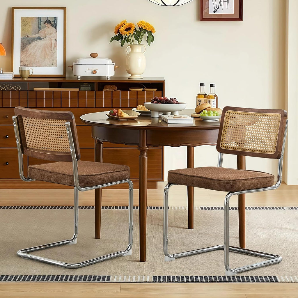 Rattan Dining Chairs Set of 6,Upholstered Mid-Century Modern Dining Room Chairs with Cane Backrest,Retro Linen Kitchen Chairs with Stainless Chrome Base,Brown