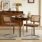 Rattan Dining Chairs Set of 6,Upholstered Mid-Century Modern Dining Room Chairs with Cane Backrest,Retro Linen Kitchen Chairs with Stainless Chrome Base,Brown