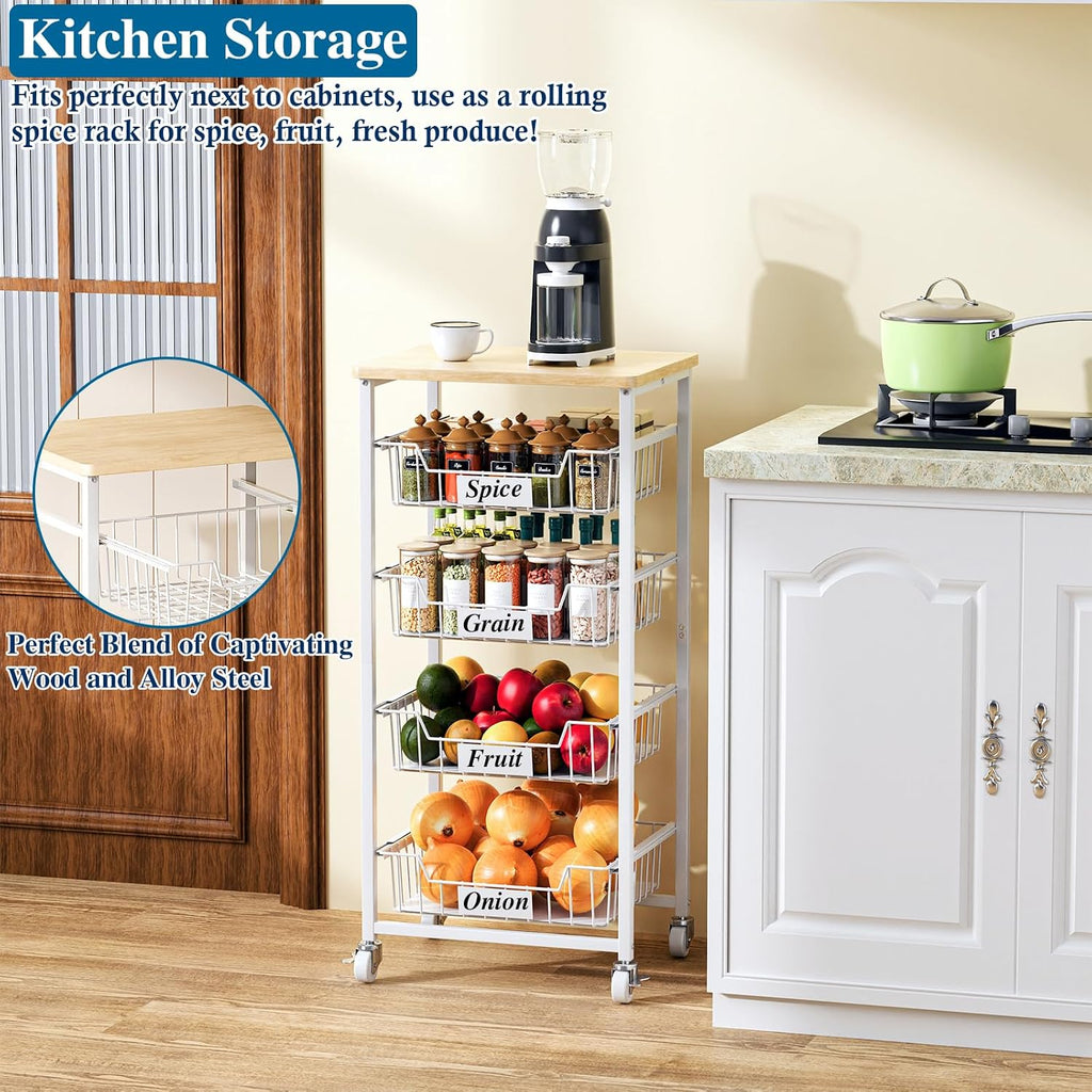 OKZEST 5-Tier Kitchen Storage Cart with 4 Upgraded Drawer Basket & Wood Top | Mobile fruit basket stand with 4 PE liners, Rolling kitchen pantry organizers, Holds potato, onion, drink, can, snack, veggie