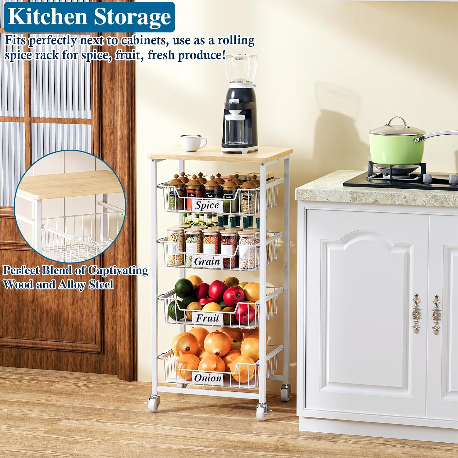 OKZEST 5-Tier Kitchen Storage Cart with 4 Upgraded Drawer Basket & Wood Top | Mobile fruit basket stand with 4 PE liners, Rolling kitchen pantry organizers, Holds potato, onion, drink, can, snack, veggie