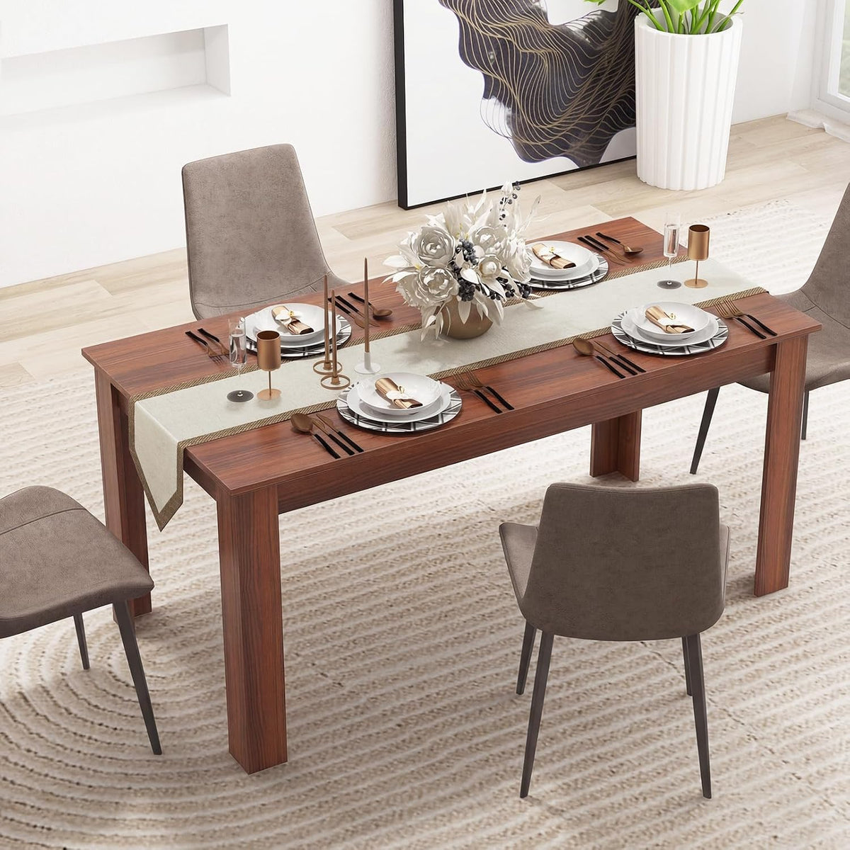 GOFLAME Dining Table for 4-6 People, 63” Modern Kitchen Table with L-Shaped Legs, 330 lbs Weight Capacity, Large Wooden Rectangular Dinner Table for Dining Room, Living Room (Walnut)