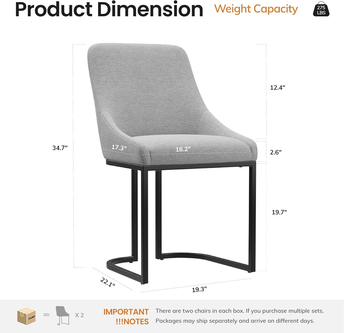 COLAMY Kitchen Dining Chairs Set of 4, Fabric Upholestered Chairs with Backrest, U Shape Stable Chairs for Kitchen, Hotel, Dining Room, Light Gray